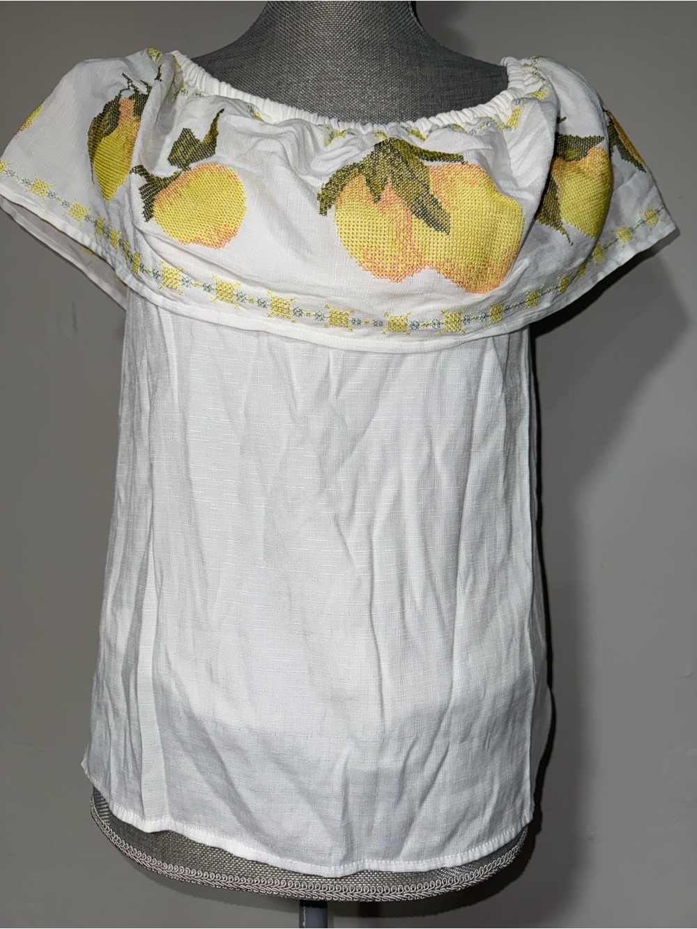 Blue Rain White Top with Yellow and Green Embroidery
